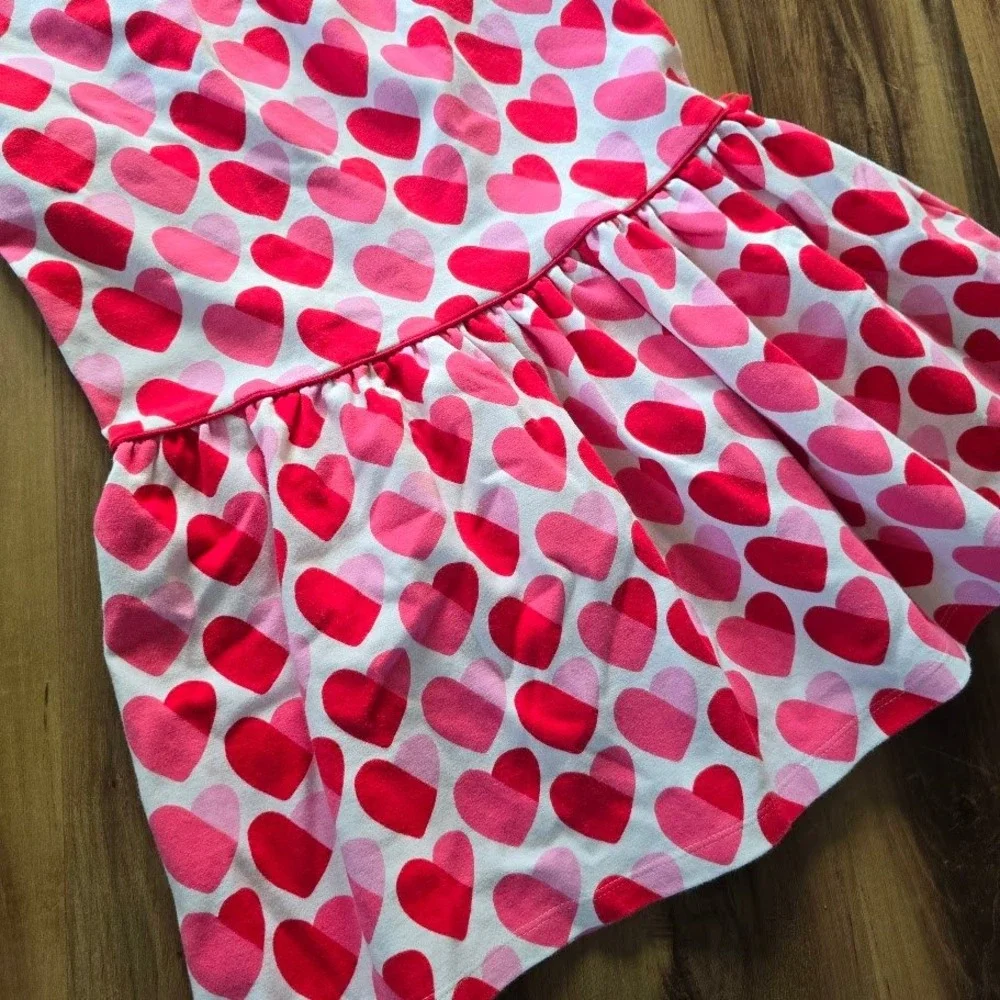 Gymboree Heart Print‎ Dress Kids Size 12 Pink Red Short Sleeve Drop Waist Love